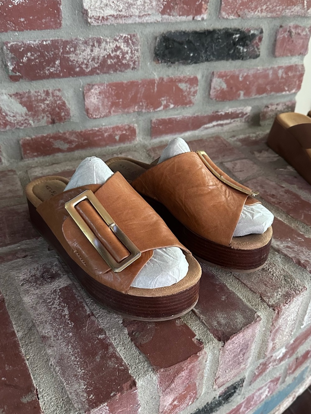 Women's Tan Leather Slide Clogs with Statement Buckle Kelsi Dagger